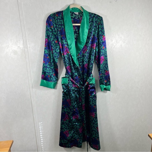 Kathryn Emerald Green and Blue Satin Robe with Shawl Collar Floral Pattern - Picture 1 of 4